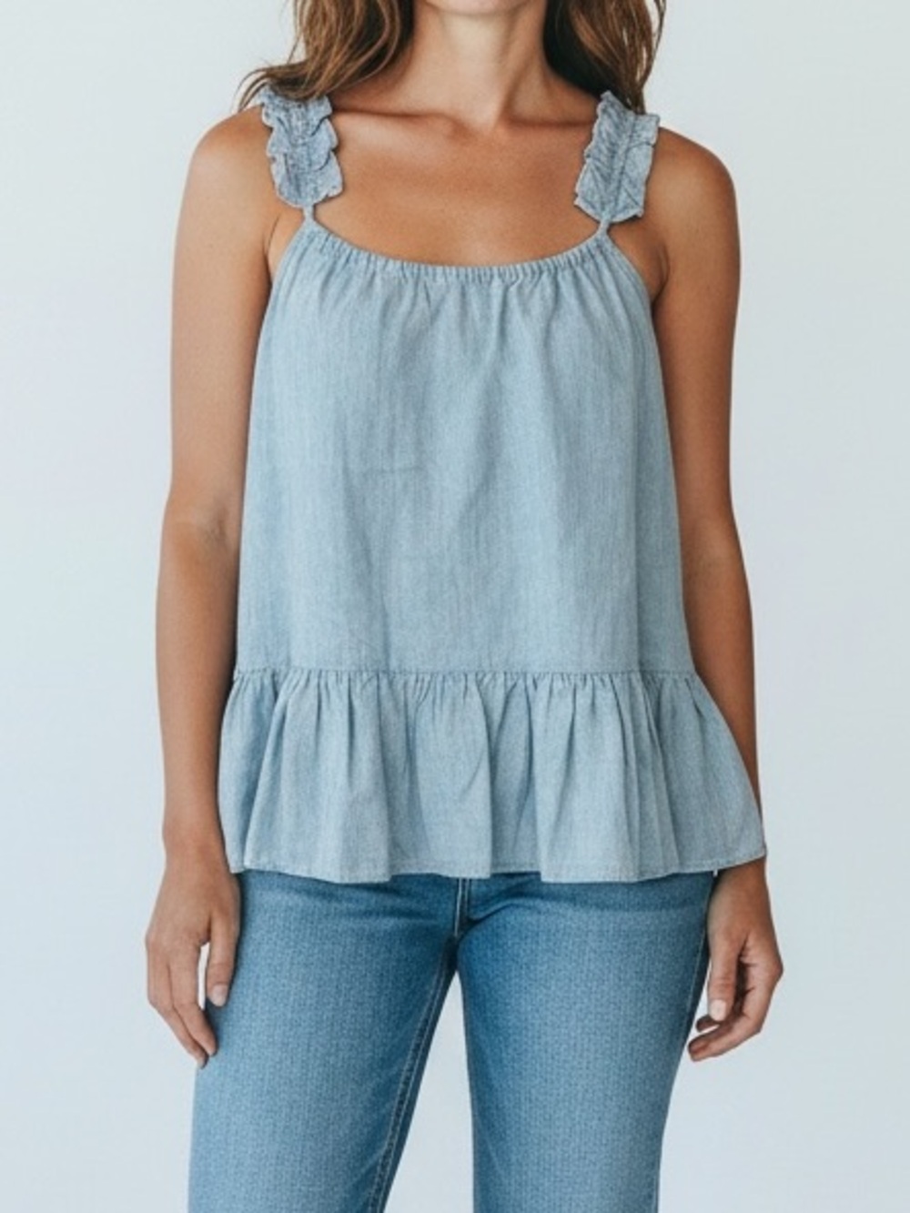 Madewell Chambray Indigo Denim Blue Ruffle Relaxed Tank Top Blouse Size 4